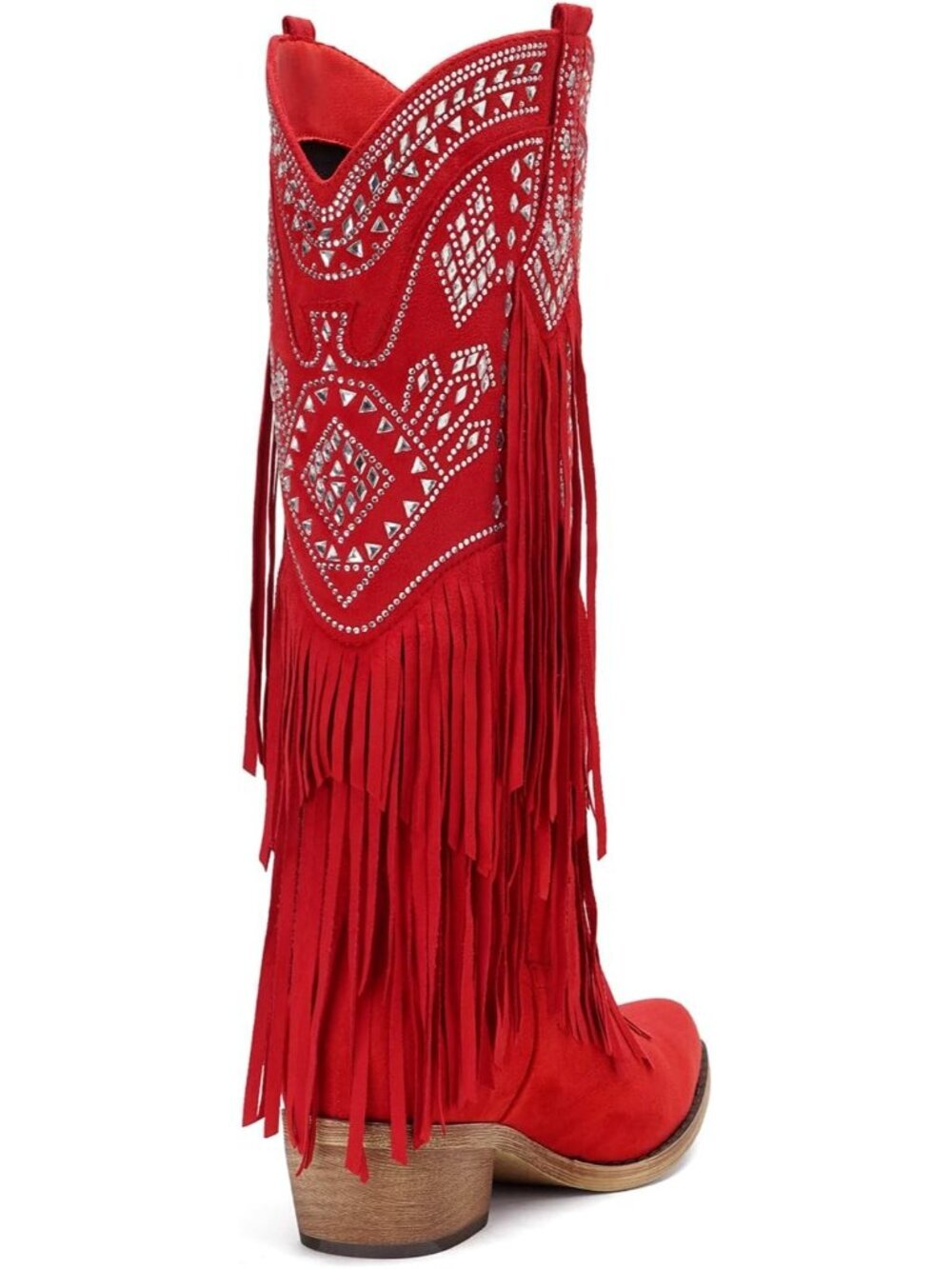 Women's Knee High Cowgirl Fringe Boots Red Rhinestone Chunky Heel Pointed Toe - Picture 5 of 6
